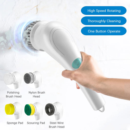 Escova de limpeza elétrica com 5 cabeças, escova sem fio para cozinha, banheiro, parede, janela, telha, piso, banheira, carro